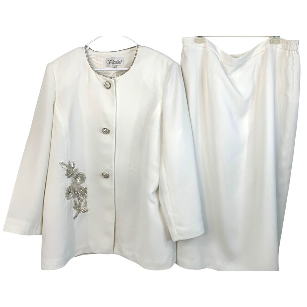 Vintage 90s Valentine Size 18 White Embellished Jacket Skirt Set Suit Holiday